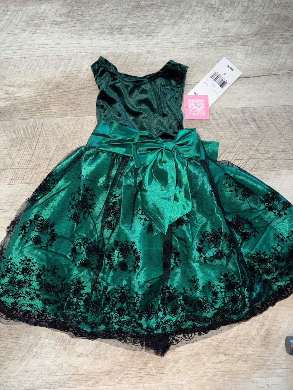 NEW Rare Editions Emerald Green Satin & Black Lace Holiday Dress with Bow